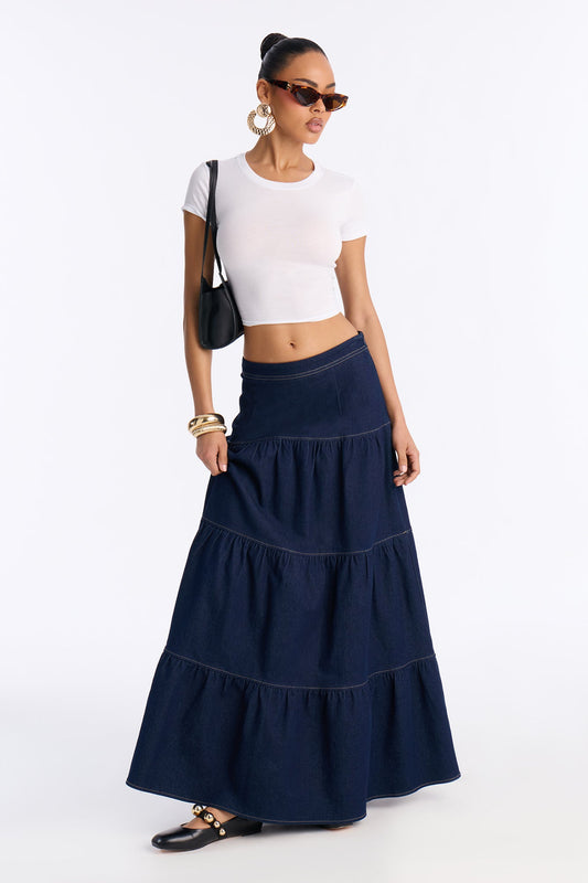 Sweet Like Honey Tiered Denim Maxi Skirt - Dark Wash