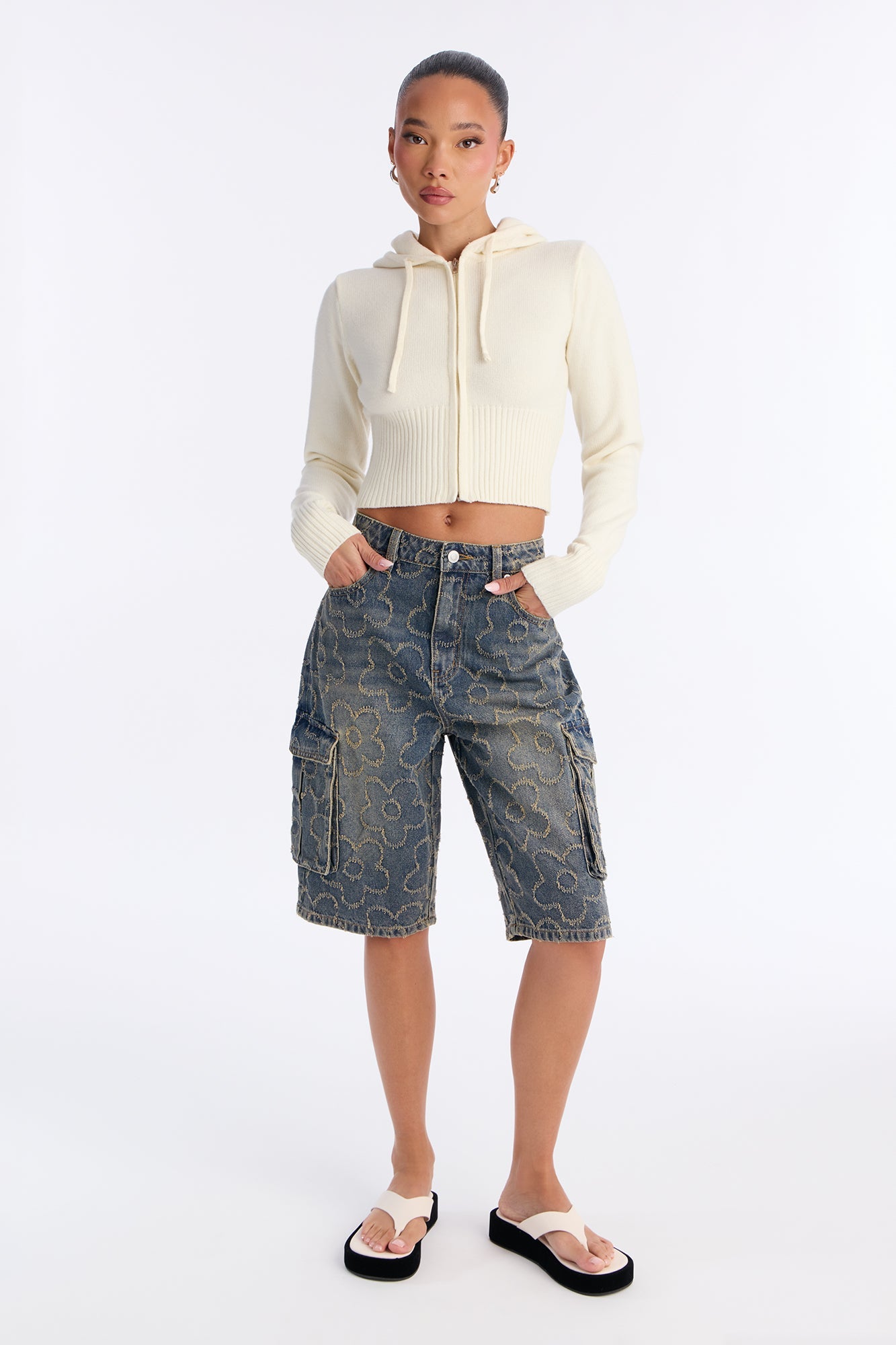 Flower Power Cargo Denim Jorts - Vintage Wash