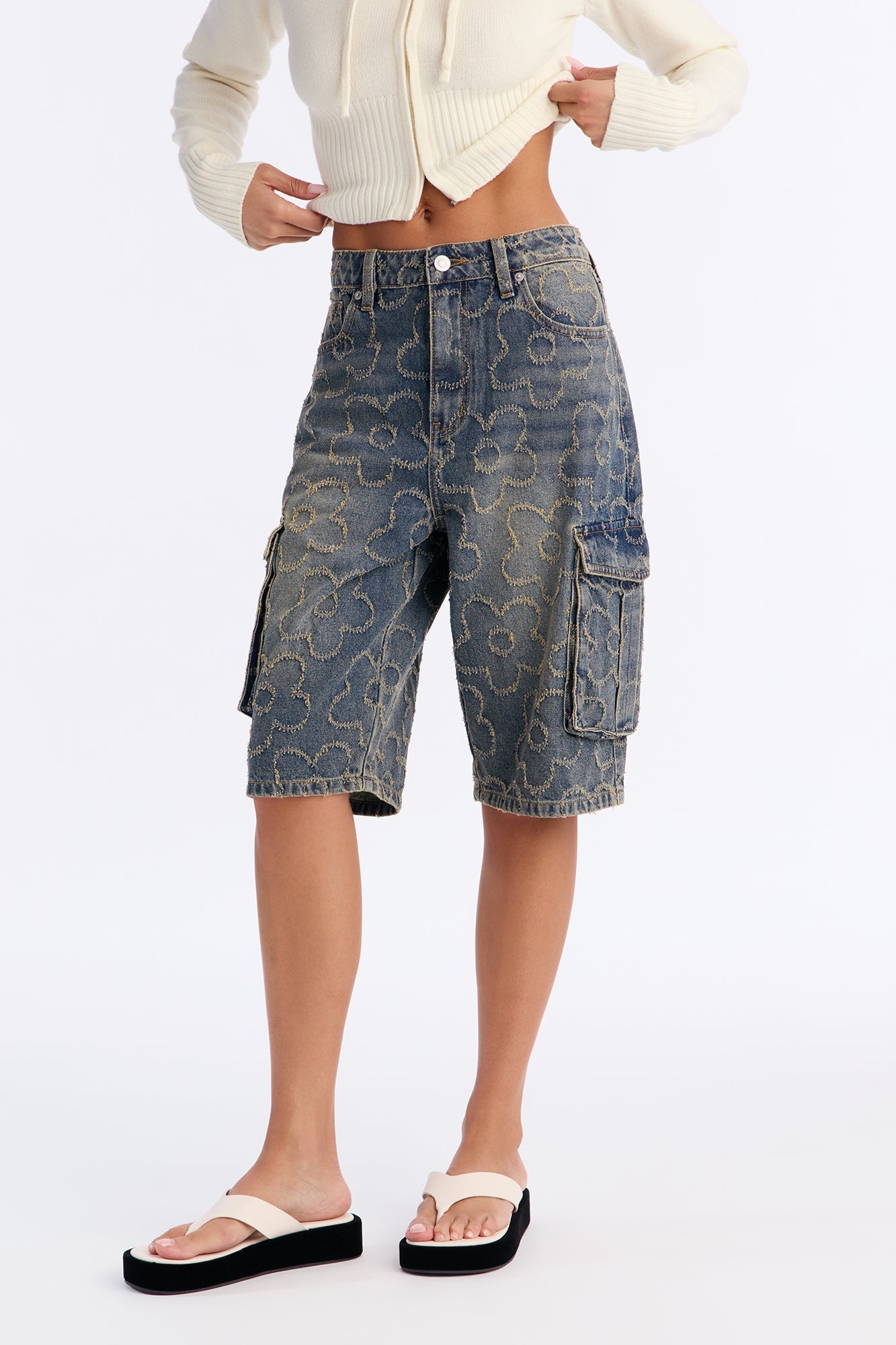 Flower Power Cargo Denim Jorts - Vintage Wash