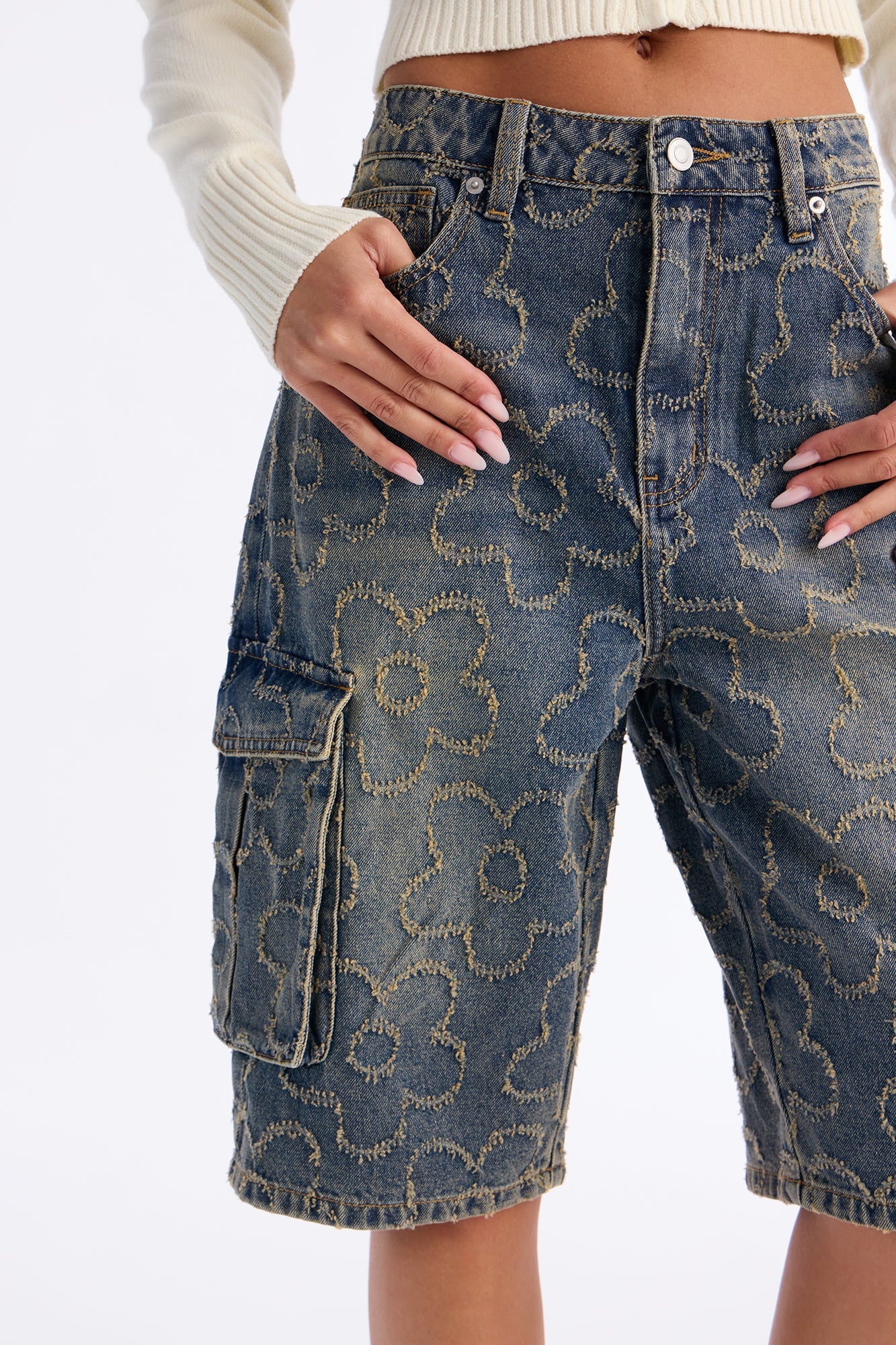 Flower Power Cargo Denim Jorts - Vintage Wash