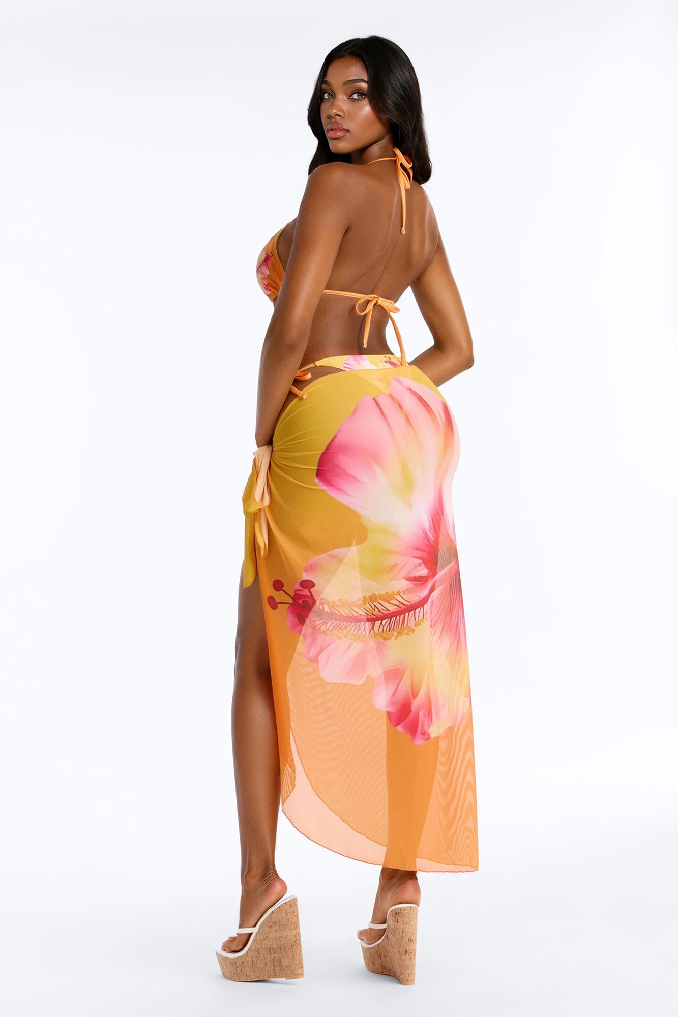 Kiana Flower Triangle Bikini & Sarong Set - Orange/combo