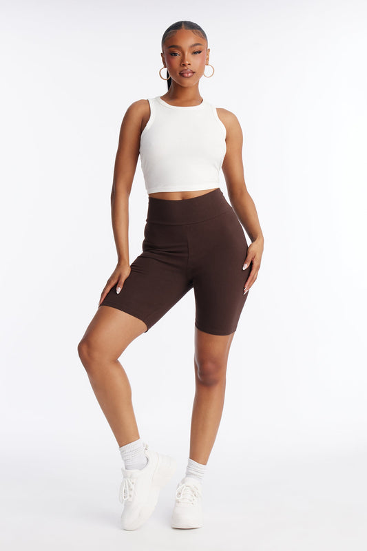 Quinn High Rise Everyday Cotton Biker Short 7″ - Chocolate