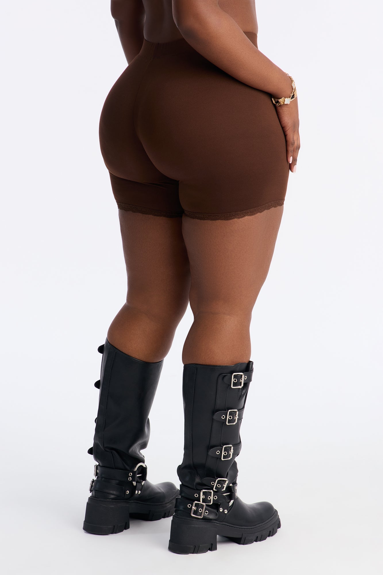 Camille Lace Trim Biker Short - Chocolate