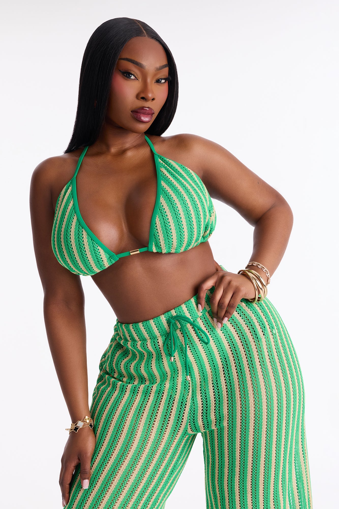Callie Crochet 3 Piece Bikini & Pants Set - Green/combo