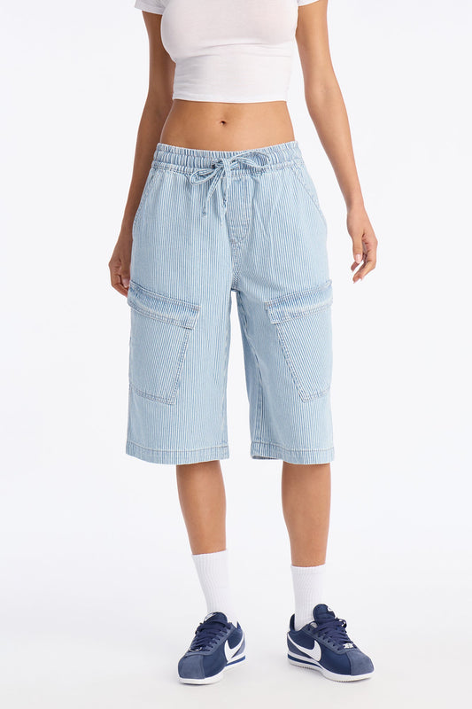 Seawalk Striped Pull On Cargo Denim Jorts - Light Wash