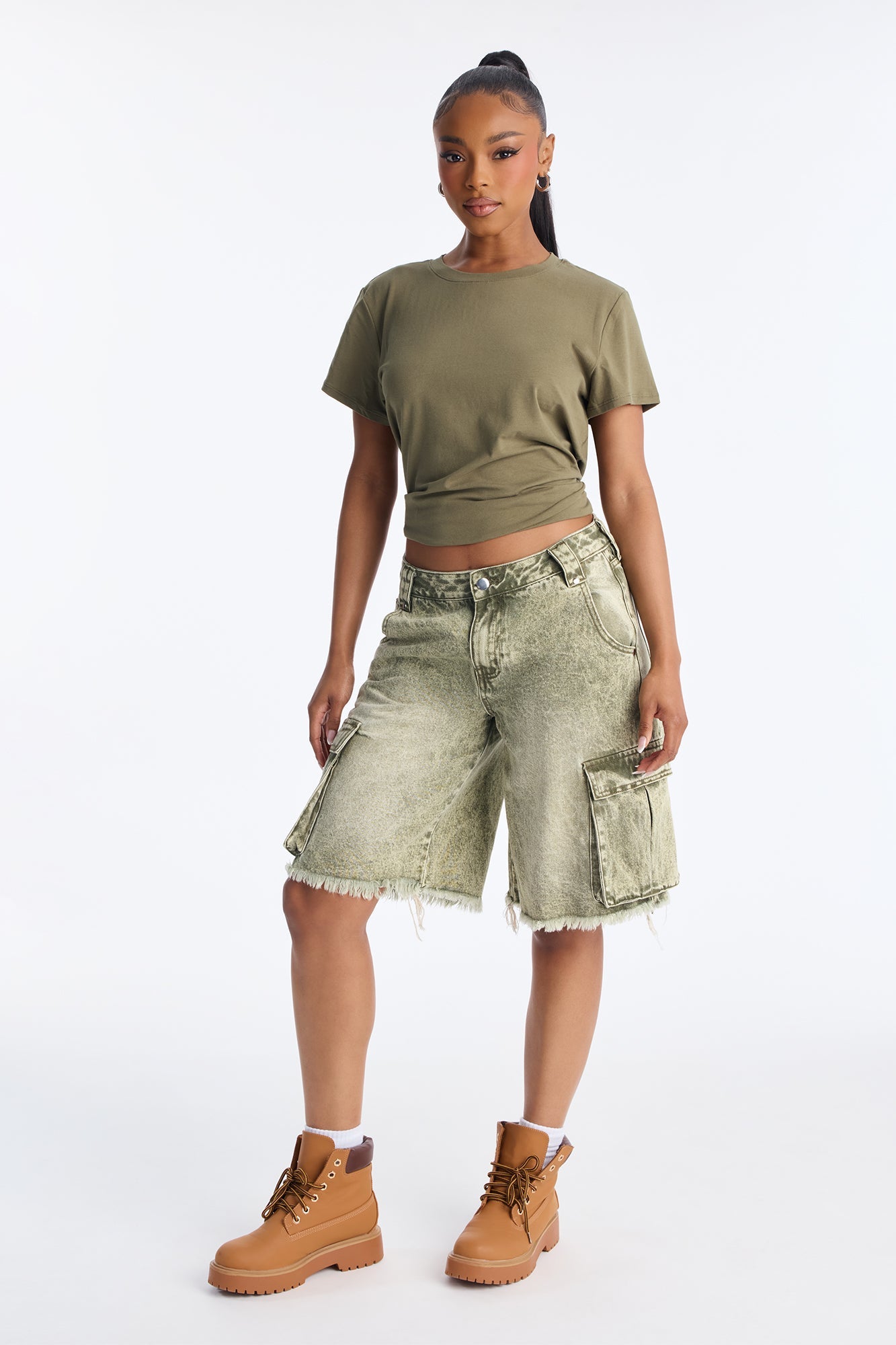 Austin Mid Rise Cargo Denim Jorts - Olive
