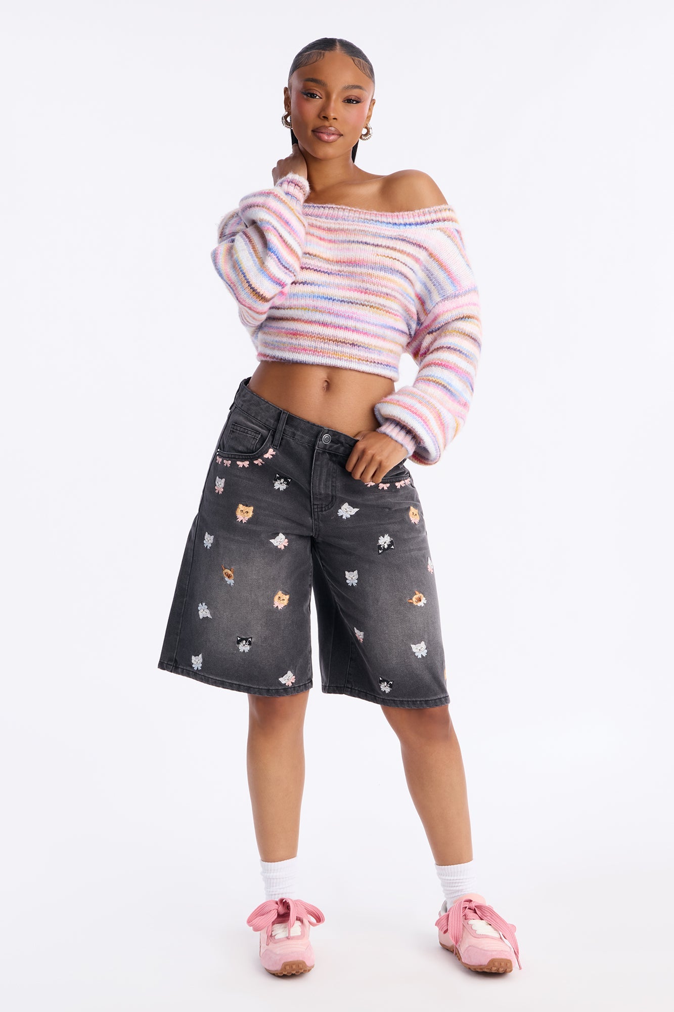 Le Chat Embroidered Denim Jorts - Grey