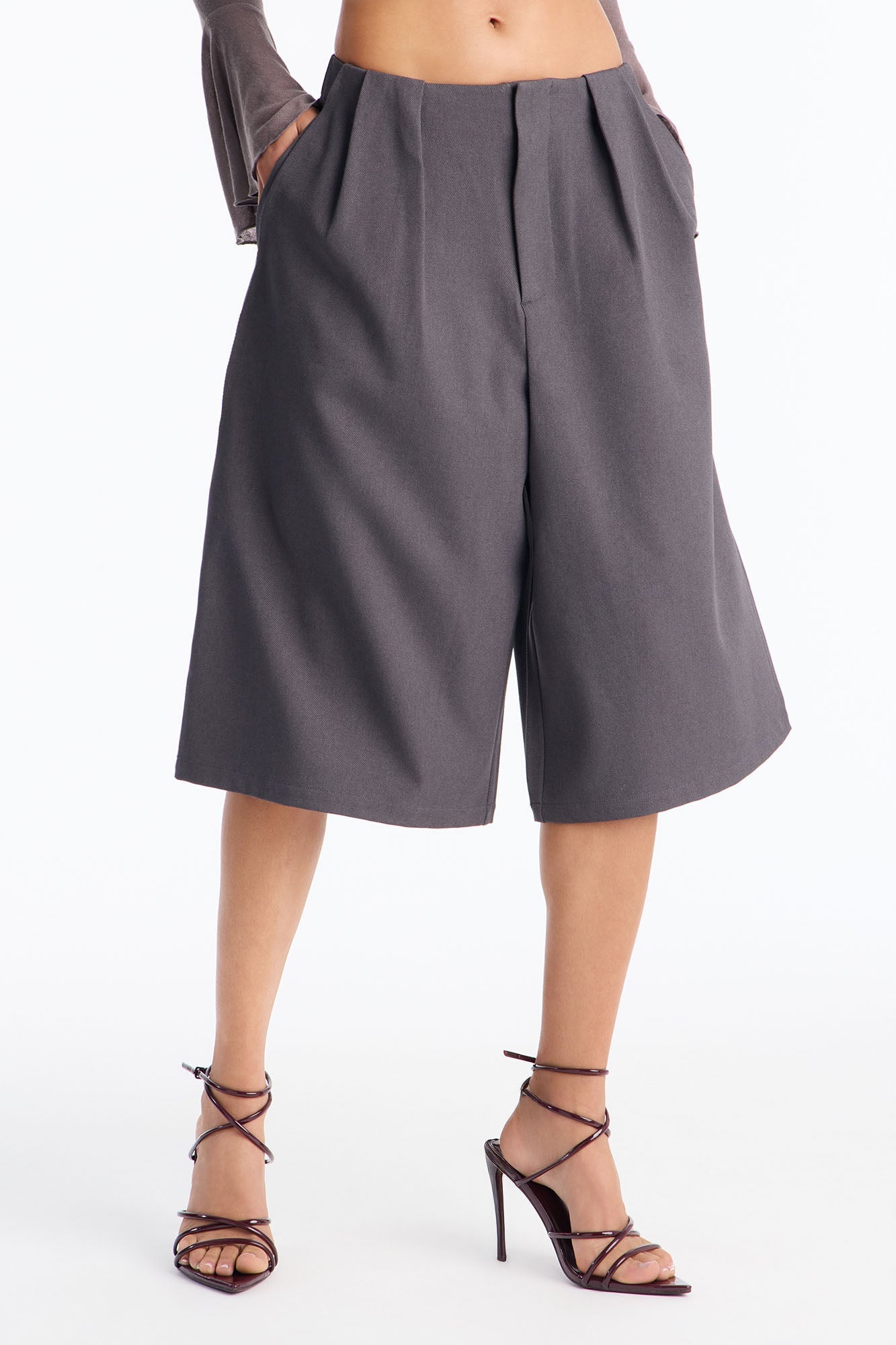Business As Usual Belted Crepe Bermuda Short 9″ - Charcoal