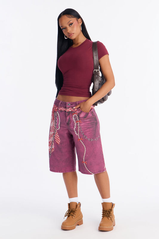 Tie It On Printed Denim Shorts - Burgundy/combo