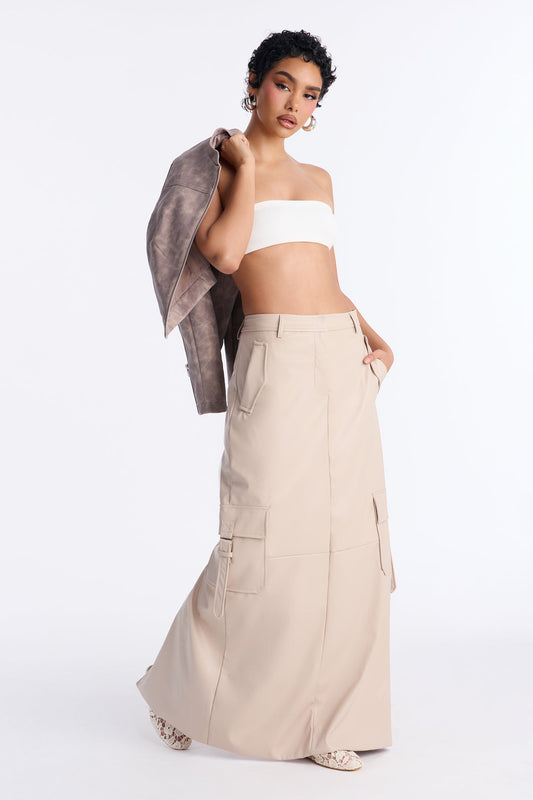 Catwalk Chic Faux Leather Cargo Maxi Skirt - Stone