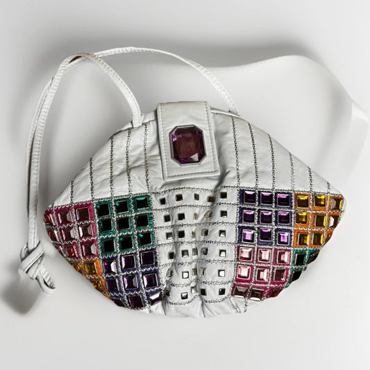 VTG Jeweled White Leather USA Purse 80s 90s Retro Colorful Bling Shoulder Bag