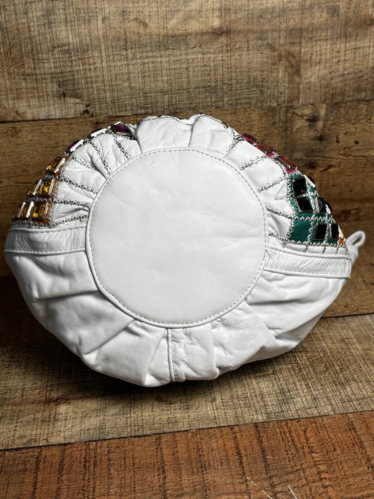 VTG Jeweled White Leather USA Purse 80s 90s Retro Colorful Bling Shoulder Bag