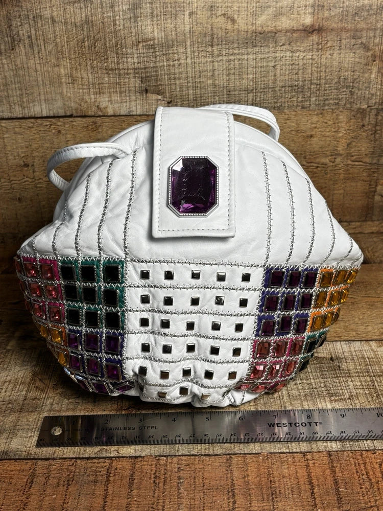 VTG Jeweled White Leather USA Purse 80s 90s Retro Colorful Bling Shoulder Bag