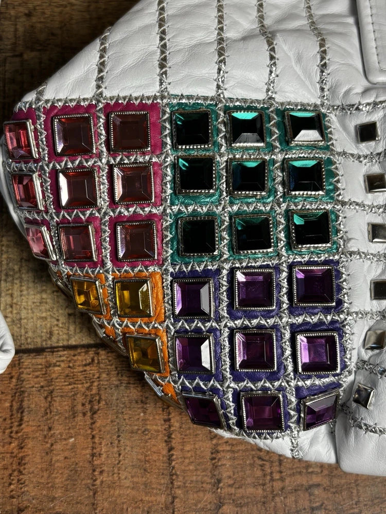 VTG Jeweled White Leather USA Purse 80s 90s Retro Colorful Bling Shoulder Bag