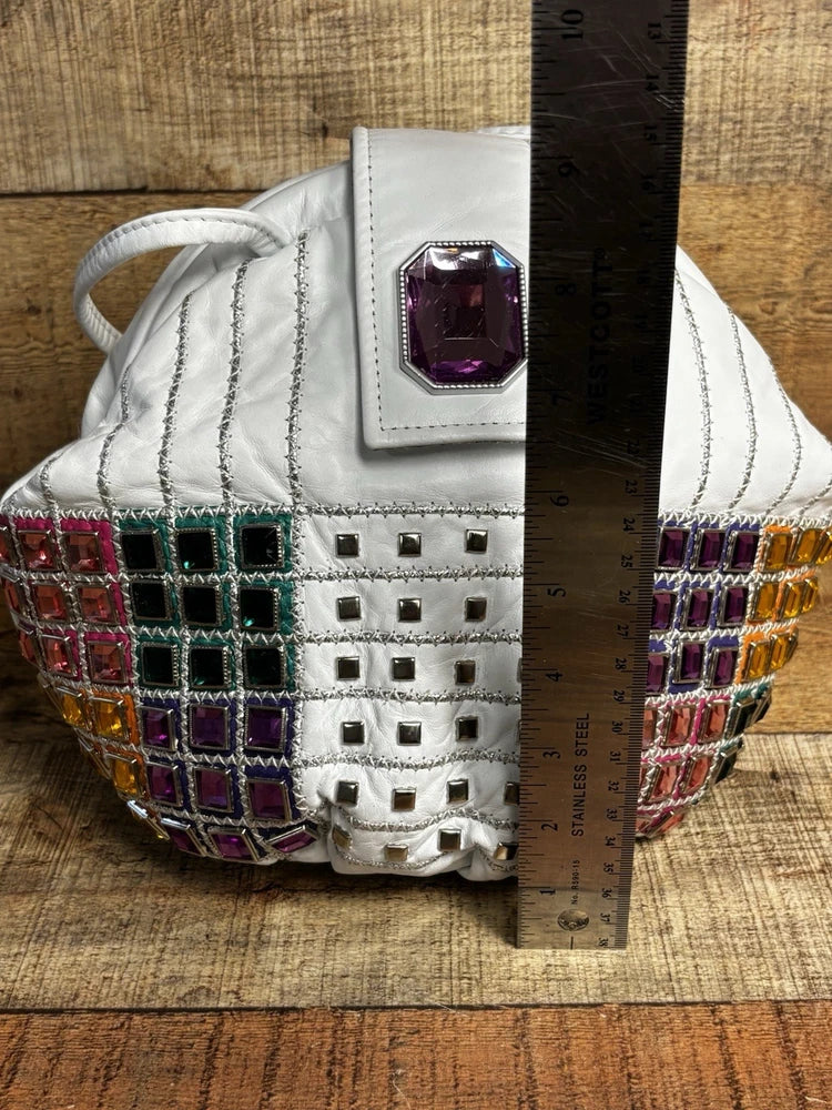 VTG Jeweled White Leather USA Purse 80s 90s Retro Colorful Bling Shoulder Bag