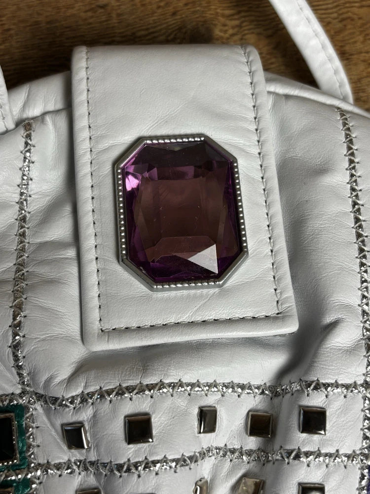 VTG Jeweled White Leather USA Purse 80s 90s Retro Colorful Bling Shoulder Bag