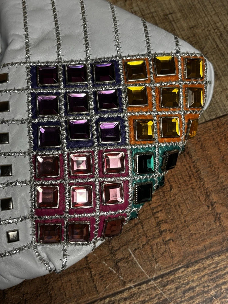 VTG Jeweled White Leather USA Purse 80s 90s Retro Colorful Bling Shoulder Bag