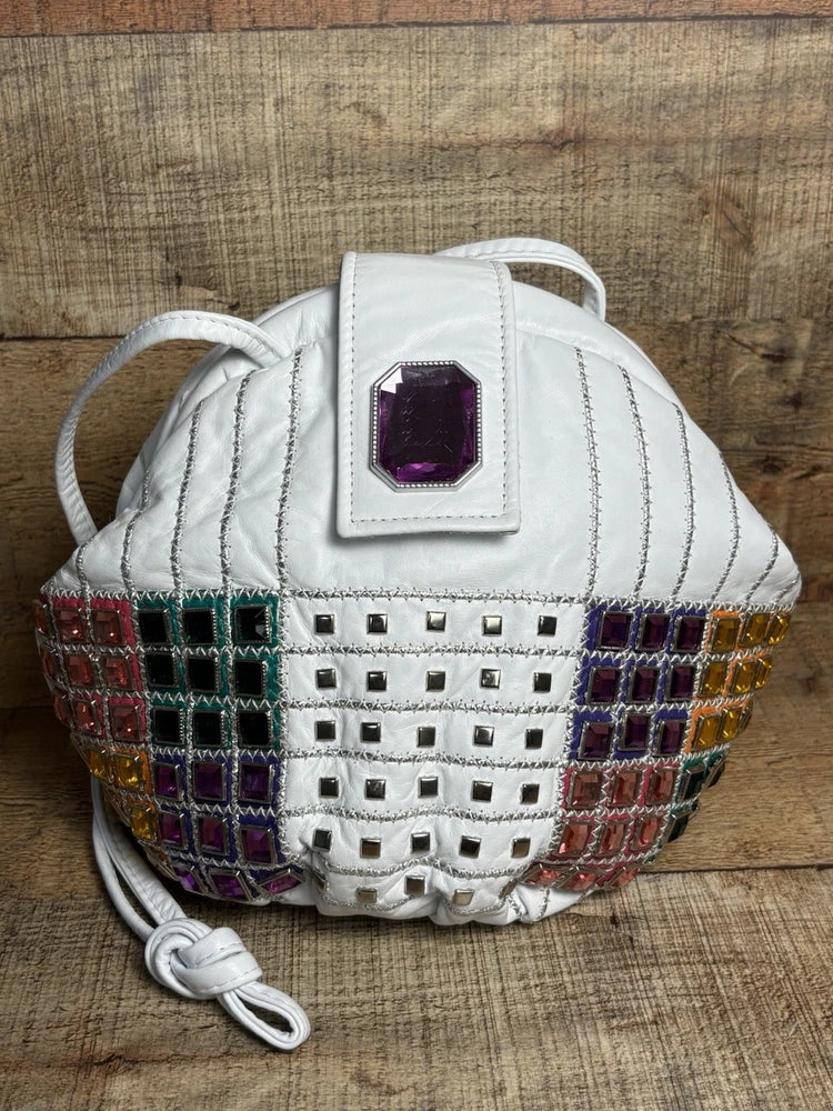 VTG Jeweled White Leather USA Purse 80s 90s Retro Colorful Bling Shoulder Bag